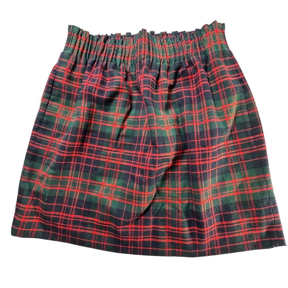 J.Crew Plaid Mini Skirt Womens 4 Red Green Elastic Waist Tartan Pockets